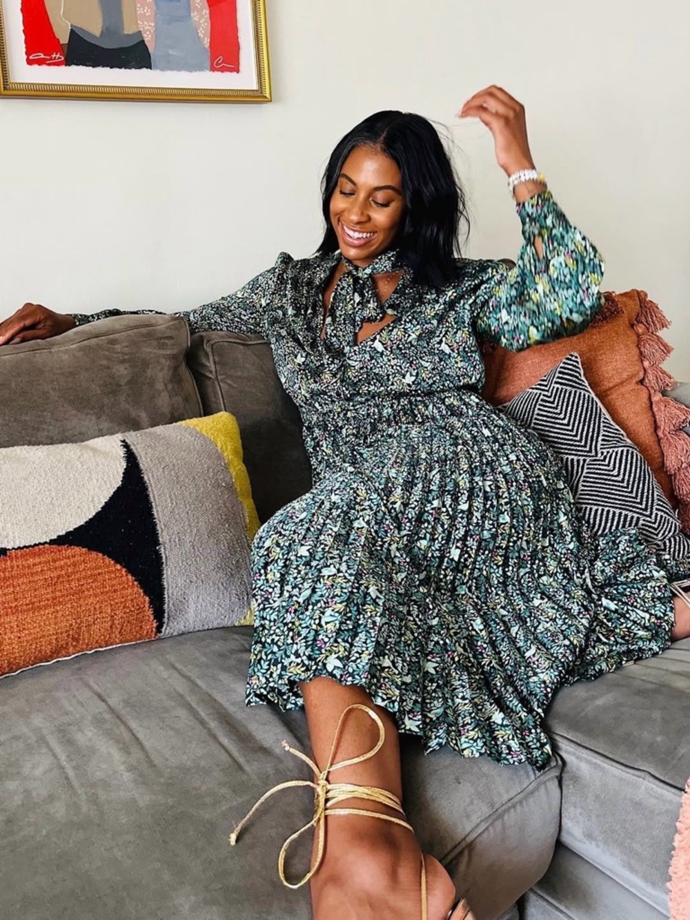 MACY’S Floral Pleated Tie-Neck Midi Dress in Green XL Like New